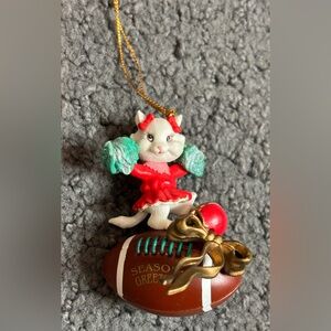 Vintage Lustre Fame Seasons Greetings Football Helmet Cat Cheerleader Ornament 3